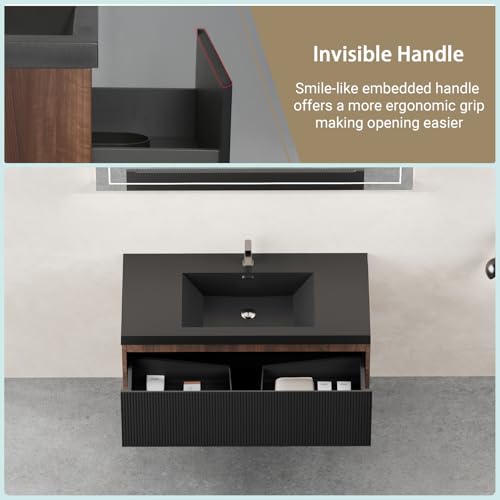 Image of Wall Mounted Bathroom Sink Vanity, Modern 42 inch Floating Vanity with Resin Top Basin Sink and U-Shaped Soft-Close Storage Drawer, Striped Bathroom Storage Cabinet with Invisible Handle, Black