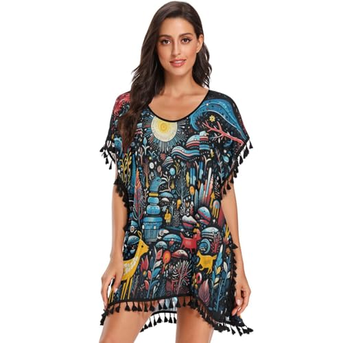 Abstract Moon Forest Art Women's Beach Cover Up Chiffon Tassel Swimwear Swimsuit Coverups for Girl