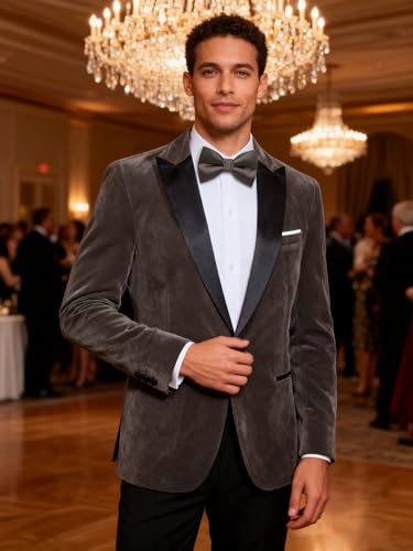 Image of Barry.Wang Velvet Mens Blazer Mardi Gras Sport Coat Brooch Regular Fit Tuxedo Peaked Lapel Suit Jacket Carnival Parade