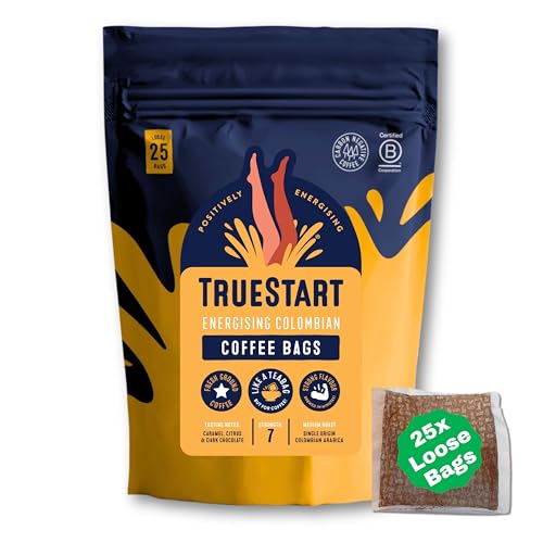 TrueStart Coffee Bags, Smooth Energising Colombian Arabica – 25 Loose Bags Mycotoxin-Free Coffee Rich in Antioxidants, Quick Brew, Individually Wrapped & Gluten Free, Resealable Pouch