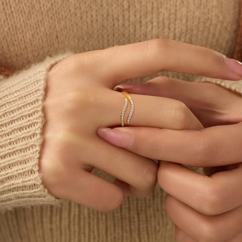 925 Sterling Silver 14K Gold Plated Ocean Wave Ring for Women Adjustable Minimalist Opening Ring Hypoallergenic Inspirational Cubic Zirconia Jewelry for Mom Daughter Birthday Christmas jewelry gifts3