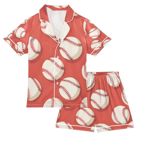 senya Baseball Red Satin Summer Pajama Sets Silk Short Sleeve Button Down Sleepwear