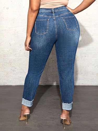 Plus Szie Women's High-Waisted Stretch Denim Jeans, Medium Blue Wash, Plus Size, Cuffed Ankle Length, Casual Style3