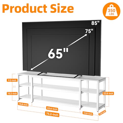 Image of Aquzee White TV Stand for up to 85inch, Entertainment Center for 70 75 80 85 inch TV, 75.2 inch Wide Wood Television Console Table for Living Room Bedroom Gaming Room