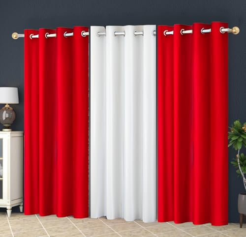 Image of Eyelet Polyester Modern Solid Crush Set of 3 Pcs. Door Curtains (7 Feet, 2 Red + 1 White)