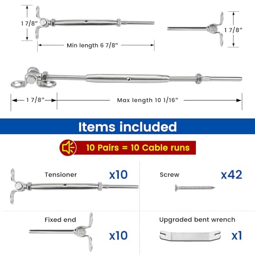 Muzata 10 Pairs 1/8" Cable Railing Hardware Kit Swage Toggle Turnbuckle for Wood Post T316 Stainless Steel Deck Cable Railing System Angle 180° Adjustable Stairs 20 Pack CK07