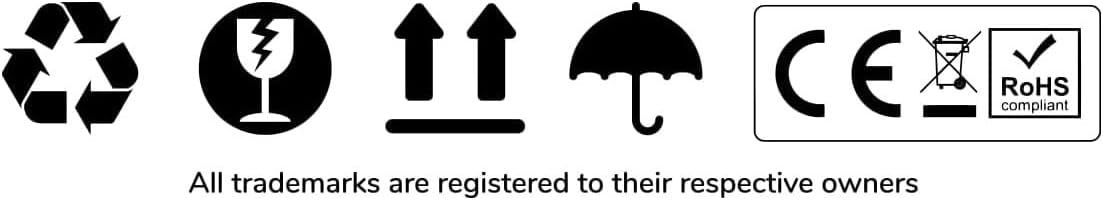 Compliance symbols including recycling, fragile, handle with care, keep dry, CE mark, and RoHS compliant