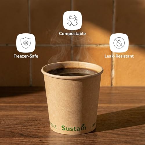Image of Restaurantware-Sustain 4 Ounce BPI-Certified Hot Cups, 50 Single Wall Coffee Cups - Lids Sold Separately, Leakproof PLA Coating, Compostable Kraft Paper Cups, For Hot Or Cold Drinks