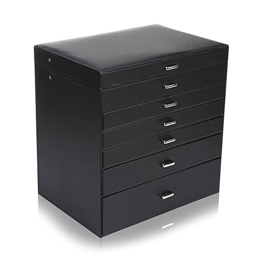 Preisvergleich Produktbild Makika Schmuckaufbewahrung Schmuckkästchen Schmuckkoffer Schmuckschatulle Schmuckbox Schmuckkasten Uhrenkoffer mit Spiegel 5 Schubläden - in Schwarz