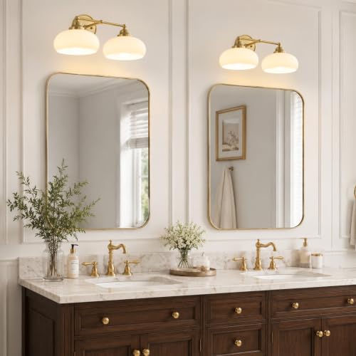 Image of Vintage Milk Glass Wall Sconce,2 Lights Antique Brass Bathroom Vanity Light | Mid Century Modern Gold Bathroom Sconce over Mirror,Milk White Glass Wall Lights Decor Lamp for Bedroom Living Room Hallway