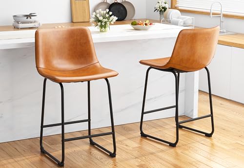 REONEY Bar Stools Set of 2, PU Leather Counter Height Bar Stools, 26' Modern Barstools with Metal...