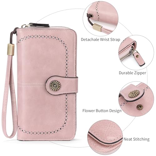 Image of Wristlet Wallets for Women Leather Credit Card Holder Bifold Pink | RFID Blocking, Large Capacity, Ladies Phone Clutch Purse with Zippered Coin Pocket