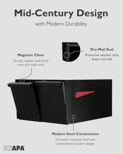Image of Ilyapa Large Modern Mailbox for Outside - Black, Modern - Post Mount