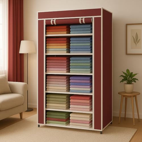Image of BONTEC Collapsible Wardrobe 6 Shelves Storage Clothes Storage Rack Quick Wardrobe /Cabinet /Multipurpose Storage Rack, Foldable, Collapsible Fabric Organizer Cupboard for Bedroom (Maroon, 6 Layer)