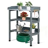 LEADZM Pflanztisch Outdoor wetterfest 74 x 36 x 90 cm - Verzinkte Arbeitsplatte, zweistufiges Regal und 3 Haken, pflanztisch für Garten/Balkon/Terrasse (Grau)