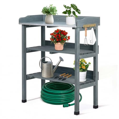 Outopee Outdoor Garden Potting Bench Table, Wooden Germination Table Planting Work Station with Metal Tabletop, 2 Storage Shelves, 3 Hooks, 74 * 36 * 90CM, Grey