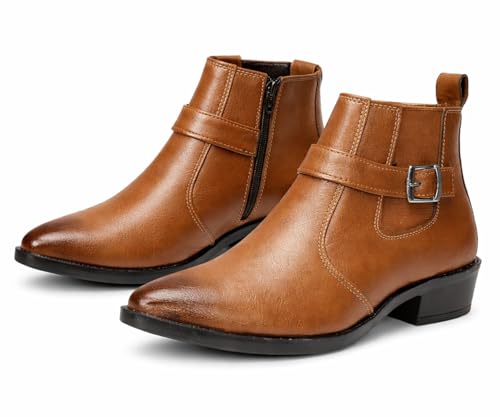Image of Kraasa Men's Synthetic Leather Ankle Boots with Side Buckle Strap, Elastic Panel & Durable TPR Sole Casual & Formal Wear Boot