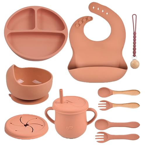 Image of Silicone Baby Feeding Set 12 Pcs | Baby Led Weaning Supplies | Baby Spoons Suction Bowl Divided Plate Bib Cup | First Stage Solid Food Eating Utensils - 6+ Months (Creamy Peach)
