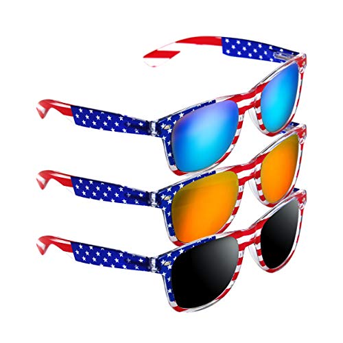 LADY&HOME 3 Pairs American Patriot Flag Beach and July 4th Series Sunglasses -Red/Blue/Grey Lens