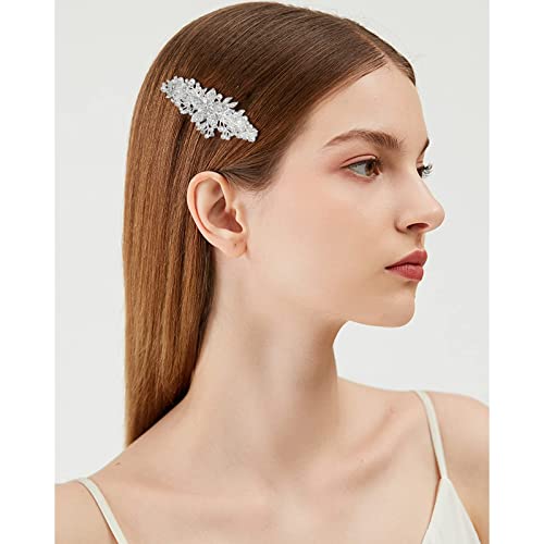 3 Pcs Large Diamante Flower Silver Leafy Barrette Vintage Antique Style Hair Clip Flower Crystal Pearl Barrette Hair Accessories For Women #TOP4