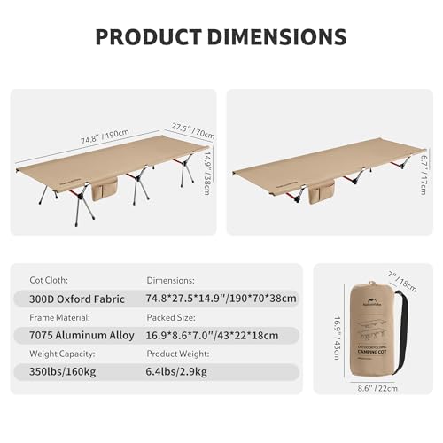 Image of Naturehike ArmyWild Folding Camping Cot, Height Adjustable Ultralight Backpacking Cot, Portable Camping Bed for Camping Hiking Travel Home