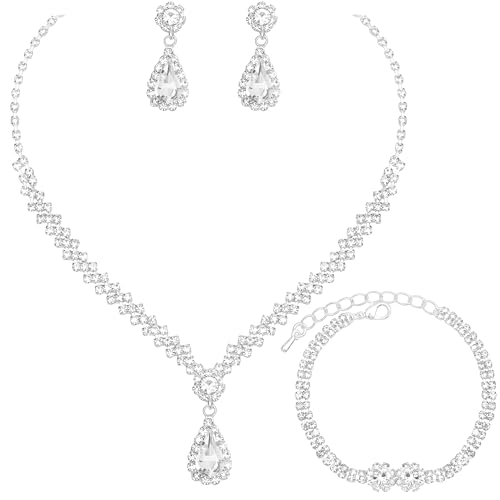HONGLU Elegant Crystal Necklace Earrings Bracelets Set Silver Bridal Wedding Jewelry Sets Bride Bridesmaids Prom Formal Costume Accessories for Women