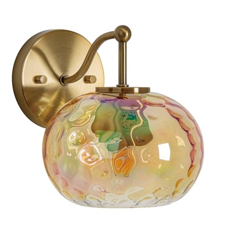Image of Gold Wall Sconce Light Amber Hammered Glass Vanity Lighting Brushed Brass Champagne Wall Lamp for Bathroom Over Mirror