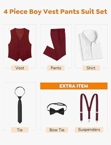 Image of Boys Suit Vest Set 4 Pieces Slim Fit Kids Burgundy Formal Vest and Pants Set for Wedding Ring Bearer, Easter, First Communion, Confirmation, Graduation Toddler Boys Size 2