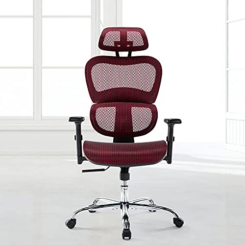 Ergonomic Chair, High Back Executive Style, Modern Office Chair With Lumbar Support, Breathable Mesh Covering, Fully Adjustable Armrests, Height And Headrest, Crimson #TOP5