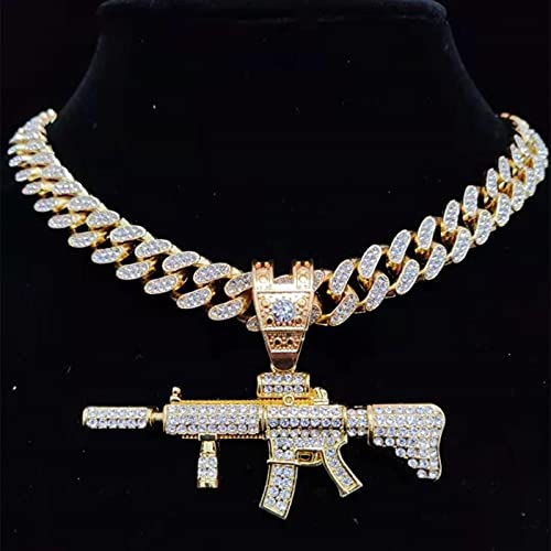 zxcs Men Women Hip Hop Submachine Gun Pendant Necklace with 13mm Miami Cuban Chain HipHop Necklaces Fashion Jewelry-Silver,20inch