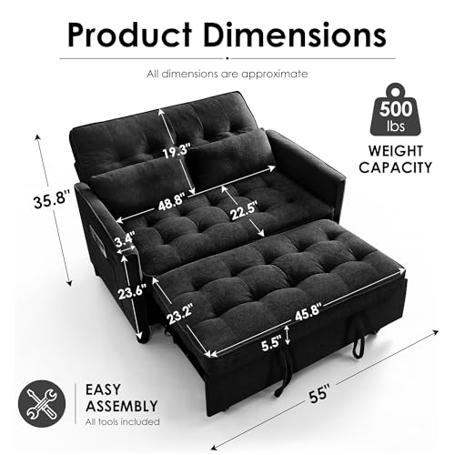 Image of Dreamzie 55'' 3 in 1 Convertible Sofa Bed with USB Charging Ports, Pull Out Couch with Adjustable Backrest and Side Pockets, Sleeper Sofa for Living Room, Apartment, RV, Easy Assembly - Black