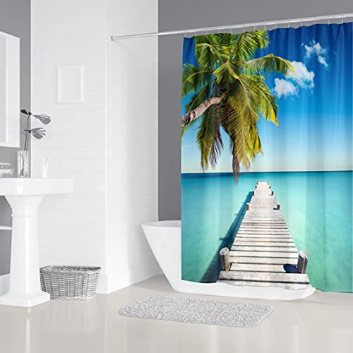 M&W DAS DESIGN Shower Curtain Sea Wood Pier Bridge Plants Palm Trees Textile Sky Cloud Curtain Mildew Resistant Ocean Blue Waves Holiday Relax Including 12 C-Rings Weight Bottom 180 x 200 cm (W x H) - Image 2