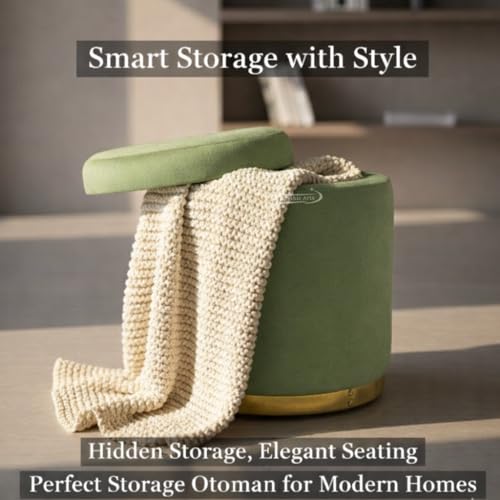 Image of Velvet Round Single Strip Ottoman Office Stool Foot Rest Stool Velvet Fabric Padded Seat Pouf Ottoman 16 X 16X 19 inch, in Round Shape for Living Room Pista Green