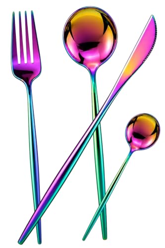 Image of Slim Handle Rainbow 8 Pcs Stainless Steel Cutlery Set for Dining Table, Dishwasher Safe Glossy Flatware (2 Spoon Set + 2 Forks Set + 2 Butter Knife + 2 Dessert Spoon)
