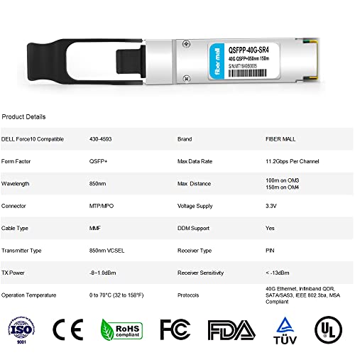 Image of 40G QSFP + SR4 for Dell Networking 430-4593,40GBASE-SR4 QSFP+ 850nm 150m MTP /MPO DOM Optical Transceiver Module