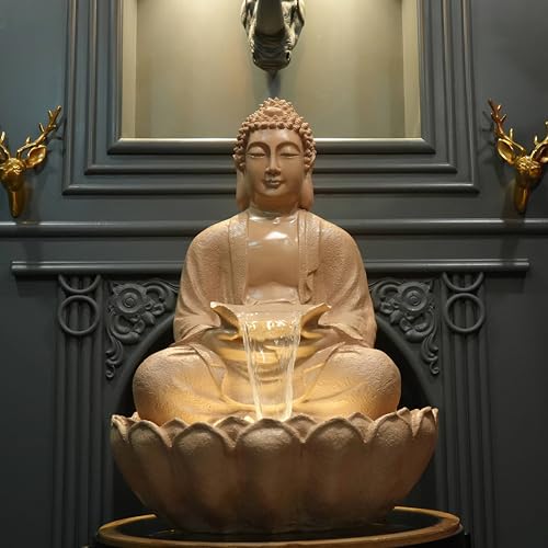 Image of 3 Feet Kamal Buddha Water Fountain for Home & Garden|Fiber Buddha Fountain with LED Light|Indoor Outdoor Fountain for Vastu & Positivity (Beige, 3 Feet Kamal Buddha Fountain)