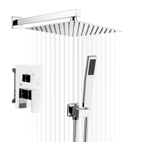 Set de ducha con grifería GGStudy en acabado cromo pulido, incluye cabezal de ducha cuadrado de 10 pulgadas en acero inoxidable, ducha de mano, brazo de ducha de latón y válvula de instalación empotrada miniatura 1