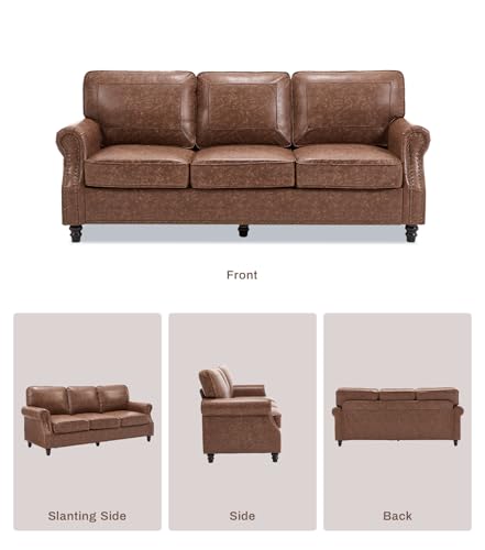 Image of Kingfun Mid-Century Modern Couch, Faux Leather Sofa, 3 Seater Couch for Living Room with Rolled arms & Nailhead Trim, Dark Brown
