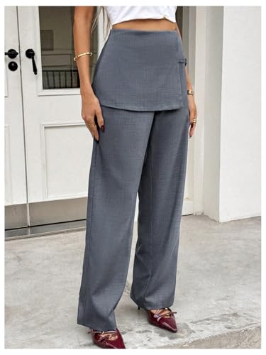 MakeMeChic Women's Elastic Waisted Layered Business Work Trousers Straight Leg Office Suit Pants2