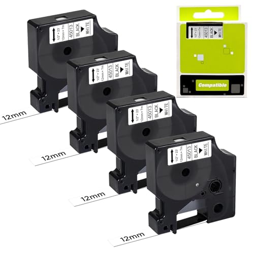 4 Rollos Cinta Etiquetas, Cinta 45013 Compatible para Dymo D1 Letratag 12 mm x 7 m, Adhesiva, Blanco y Negro, para LabelManager 150 160 210D 280 350 420P y LabelPoint 150 350