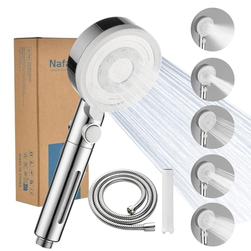 Nafall High Pressure Shower Head - Hard Water Filter Shower Head with Hose 1.5M, 5 Modes and Pause Switch, Water Saving Handheld Power Filtered Showerhead for Low Water Pressure, Chrome White