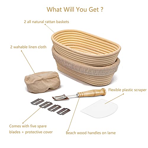 Foto von Gärkörbchen Oval 2er Set(Ø 25cm),Gärkorb Natürlichem Peddigrohrmit Banneton Proofing Basket Brotform Oval mit 5 Rasierklinge Bäckermesser+Leineneinsatz+Teigschaber für Hausbäcker Brot Backen