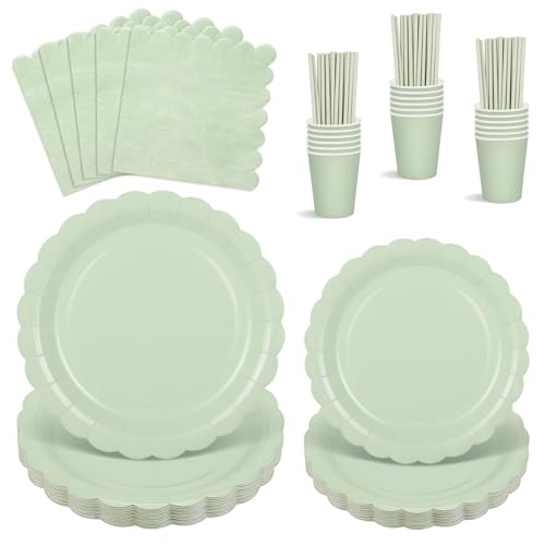 125 StüCk Partygeschirr Set für 25 Gäste, Gewellte Salbeigrün...