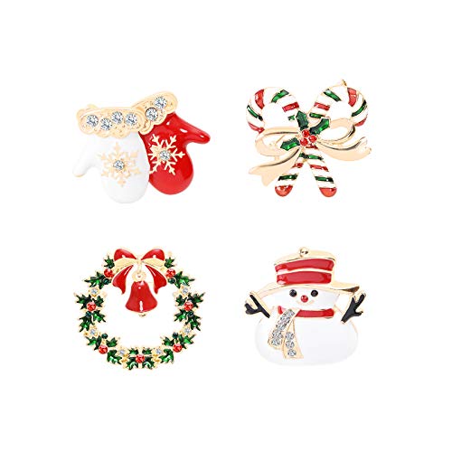 Clest F&H Lot de 4 broches de Noël pour femme - Multicolores - Strass et cristal - Cadeau de Noël pour filles - Avec gant de marche, bâton de neige, couronne de bonhomme de neige