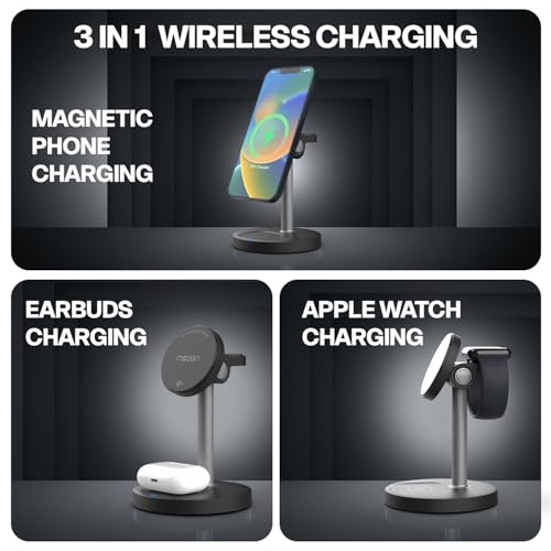Image of Mozen by Amkette Air 800, 23W Qi2 Certified 3 in 1 Magsafe Charger /Wireless Charger for iPhone 8 & above, wireless charging smartphones, Apple Watch, AirPods /Galaxy Buds, 45 Tilt, Type-C Cable, Black