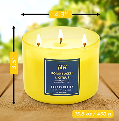 Large 3 Wick Scented Candle - Honeysuckle Citrus Stress Relief Aromatherapy Candle With Grapefruit, Mint & Rose - 15.8 Oz Natural Soy Candles For Men And Women - Scented Spring Candles For Home #TOP5