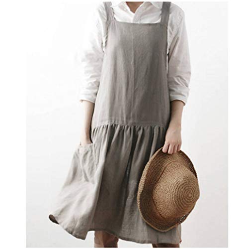 Aobbybbs Cotton Pinafore Apron Halter Cross Tie Bandage Solid Color Korea Style Simple Aprons (Lightkhaki,Double Pockets) #TOP14
