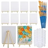 54 Stück Mini Leinwand mit Staffelei Set inkl 20 x 25 cm Leinwandtafeln, Holz Staffelei, Pinsel und Farbtabletts für Kinder, Malset für Acryl, Öl- und Aquarellfarben,Kunst Leinwand Malerei Kit