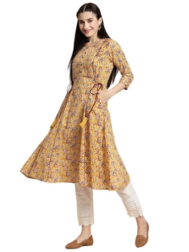 Image of rangita Women's Cotton Relaxed Fit Flared Calf Length Printed Kurti | Kurta