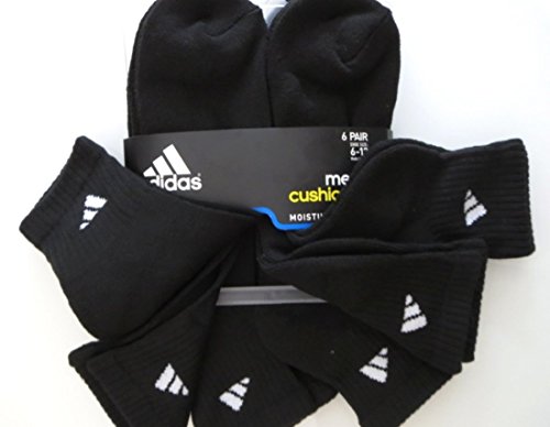 adidas 6 Pair Mens Quarter Crew Cushioned Socks Shoe Size 6-12 (Solid Black/White)2